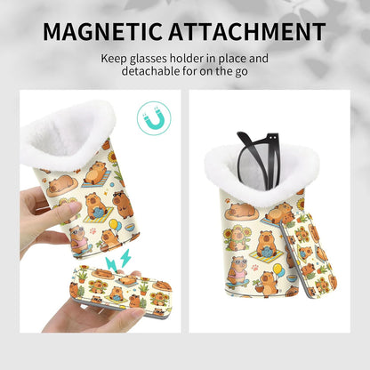 Plush Lined Eyeglasses Holder, Cute Magnetic PU Leather Glasses Stand Case for Women Men Kids