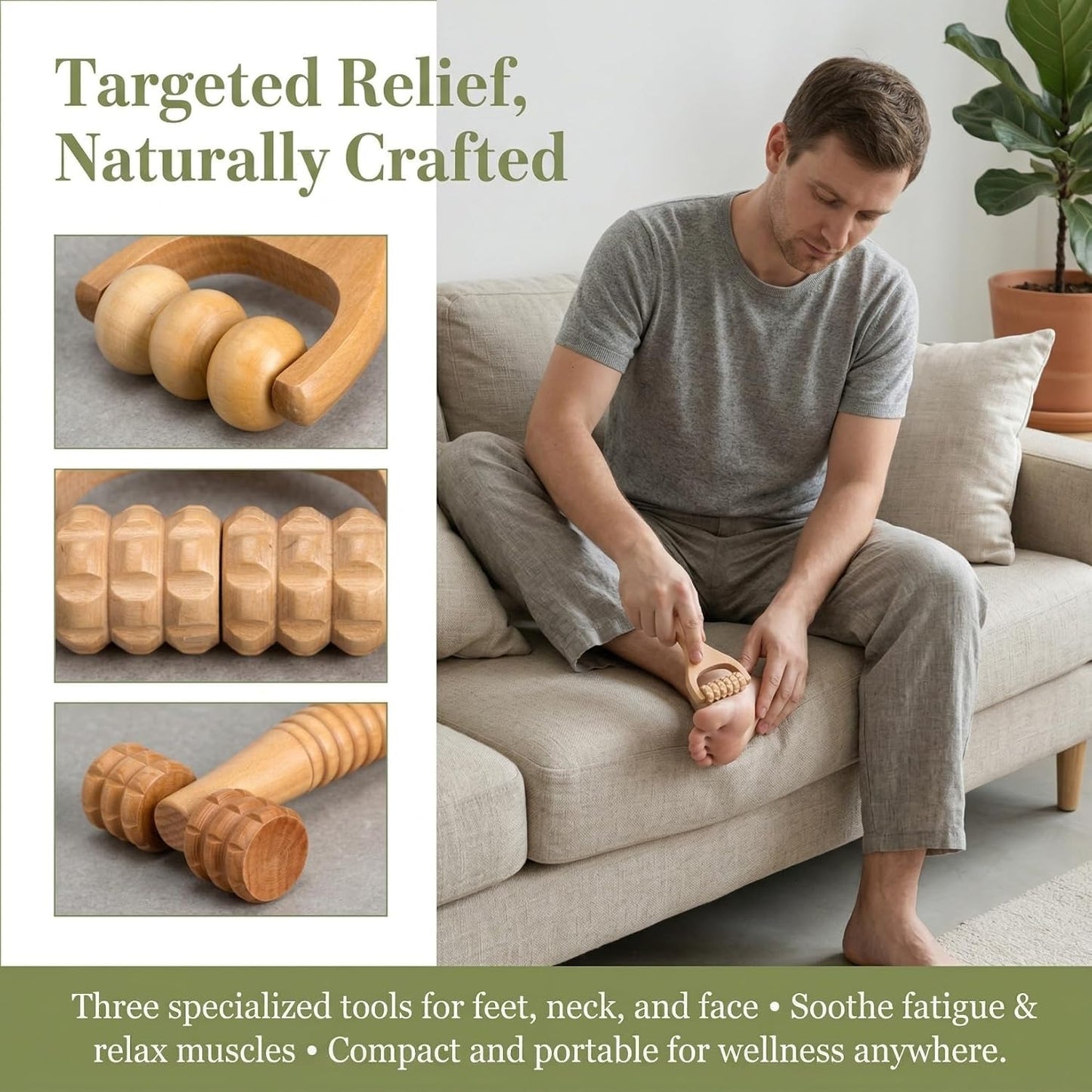 Wooden Massage Roller Tool Set Handheld Foot and Body Massager for Neck Shoulder and Muscle Portable 5.90X3.14X1.18In Wood Massager Wood Massage Tools Wooden, 3 PCS