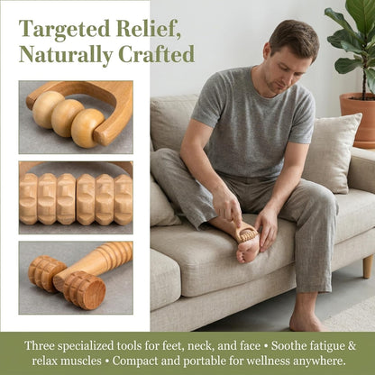 Wooden Massage Roller Tool Set Handheld Foot and Body Massager for Neck Shoulder and Muscle Portable 5.90X3.14X1.18In Wood Massager Wood Massage Tools Wooden, 3 PCS