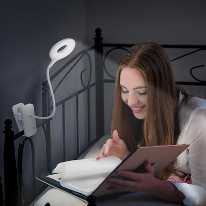 Rechargeable Clip Light, LED Bed Reading Lamp for Headboard & Desk | Strong Clamp, Portable, Cordless Battery Book Light w/ USB-C Cable, 25 Eye-Care Lighting Modes, Flexible Arm, Dorm Bunk Bed