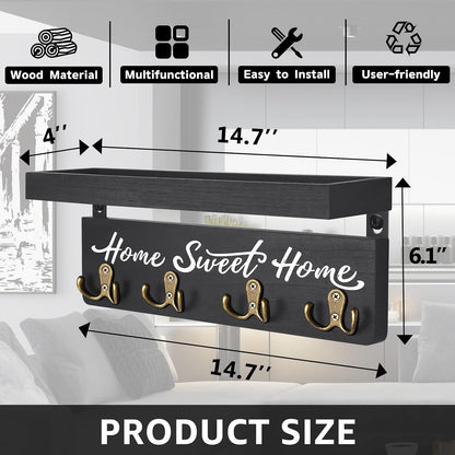 buways Key Holder Wall Mount with 8 Hooks and Cozy Home Sign (Gray) | Solid Wood, Floating Shelf for Keys, Mail, and Daily Essentials in Entryways, Hallways or Home Decor