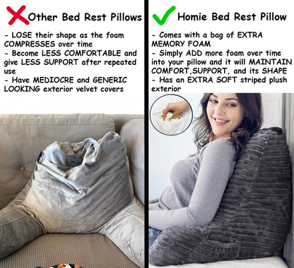 Homie Reading Pillow with Reading Light and Wrist Support, Has Arm Rests, and Back Support for Bed Rest, Lounging, Reading, Working on Laptop, Watching TV (Gray)
