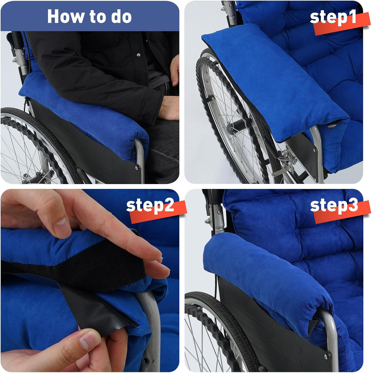 Wheelchair Seat Cushion with Integrated 11 Inch Short Armrest Pads, Comfort & Pressure Relief, All-in-One Support Coccyx & Back Insert (Black)