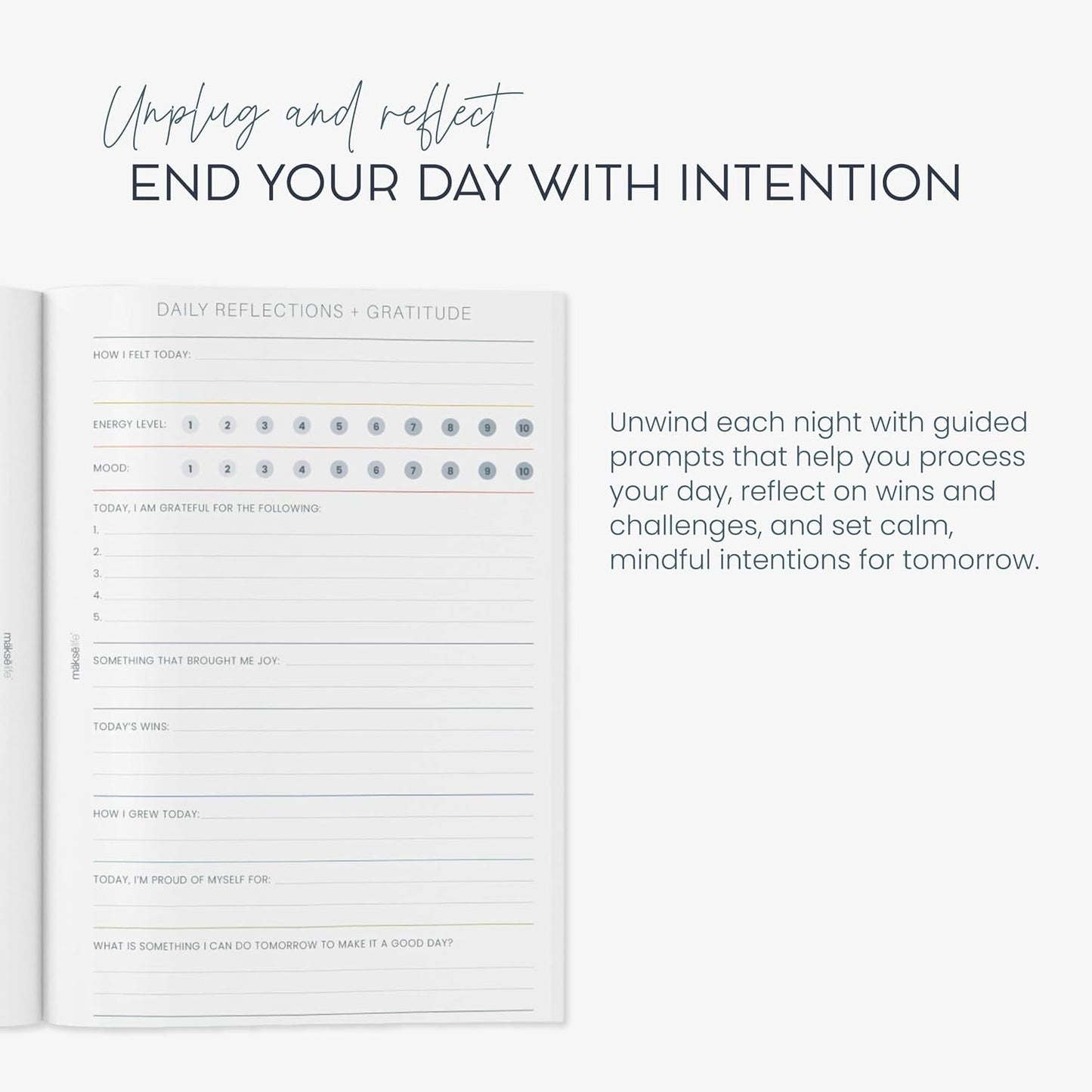 MäksēLife Evening Reflections & Gratitude Journal | Daily Mindfulness & Self-Care Notebook, A5 Lay-Flat Binding, Vegan Leatherette Cover, 120GSM Recycled Paper