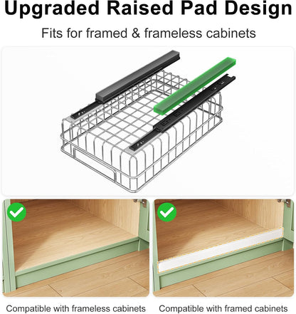 Pull out Cabinet Organizer, Stainless Steel 2-Pack Slide out Drawer with Silent Full-Extension Slides, Adhesive Roll out Can Spice Storage Basket Shelf Rack for Pantry, Kitchen, Bathroom, Home Closet