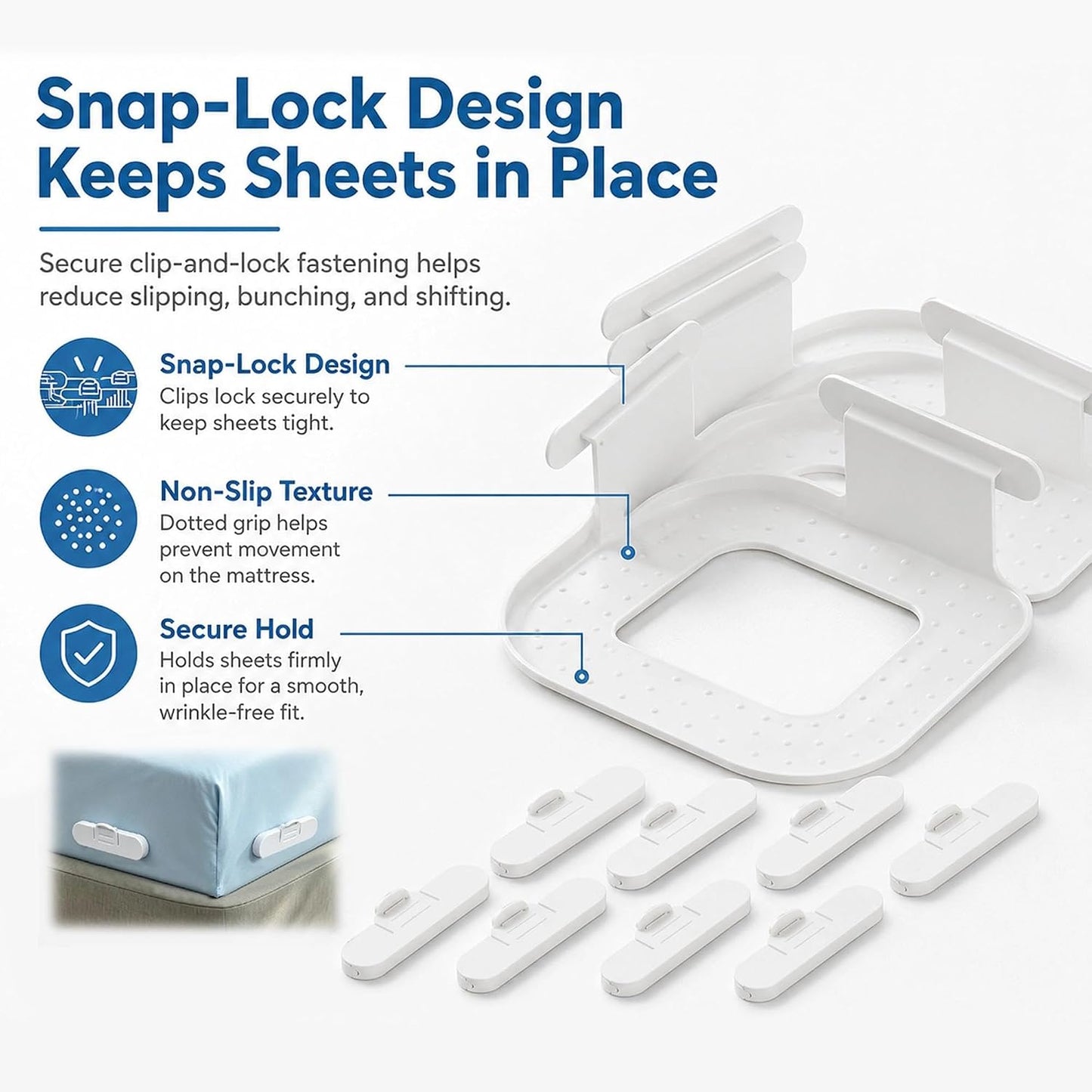 Bed Sheet Holders for Corners, 4 Pack Fitted Sheet Grippers with 8 Locks | 4 Holders + 8 Fasteners, Non-Slip Sheet Clips, Snap Lock Design,Easy Install, Universal For Home Hotel Kid Bed