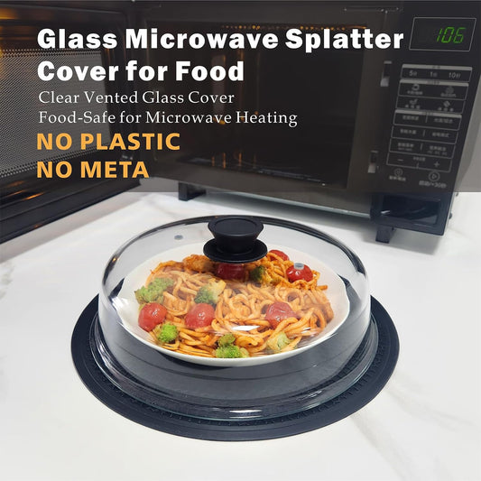 Glass Microwave Splatter Cover with Mat for Food, 10 Inch Guard Lid | Lightweight Borosilicate Glass, Food Grade, Silicone Knob, 2 Vents, 3.1in Tall to Cover Bowls and Plates, Dishwasher Safe