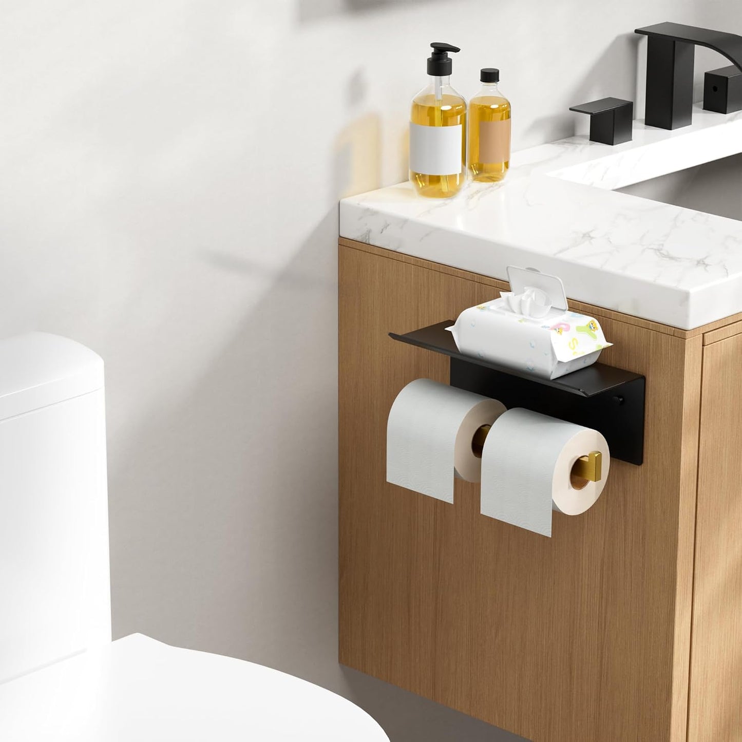 FORIOUS Toilet Paper Holder with Shelf, Commercial Toilet Paper Dispenser | Brushed Nickel | SUS304 Stainless Steel Wall Mount Double Bathroom Tissue Roll Holder for Hotel, Apartments, etc
