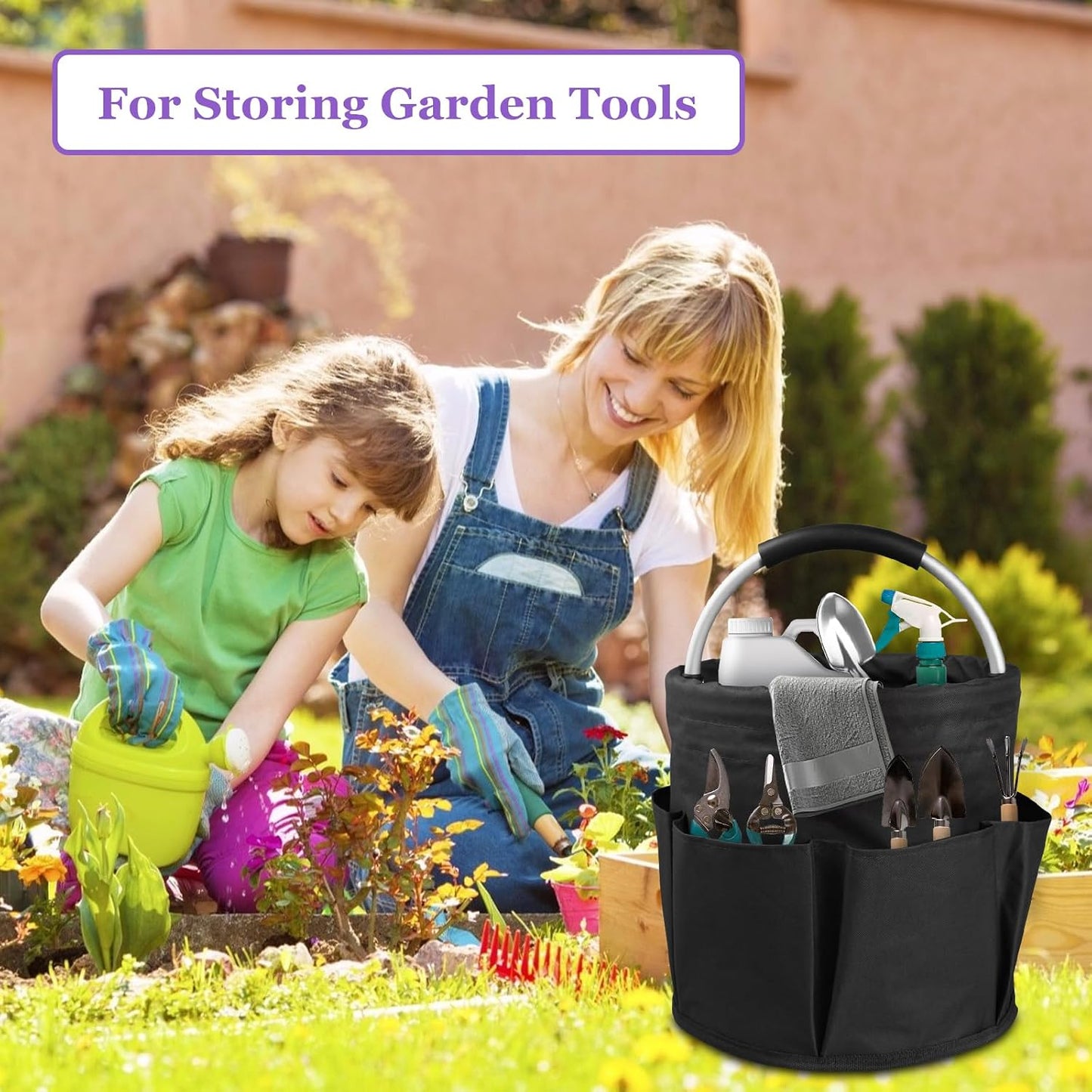 17L Cleaning Caddy with Handle and 6 Pockets, Foldable Cleaning Supply Caddy, Portable Shower Caddy in 600D Oxford Fabric, Multifunctional Storage Basket for Camping, Gardening, Black