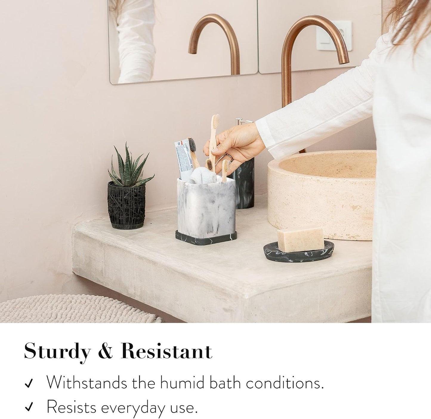 Marble Look Toothbrush Holder for Bathroom Countertop Organizer, Holds Toothpaste, Dental Floss, Razor, Comb, Makeup Brushes, and More, Stylish Bathroom Accessory for Tooth Brushing Essentials