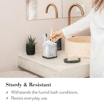 Marble Look Toothbrush Holder for Bathroom Countertop Organizer, Holds Toothpaste, Dental Floss, Razor, Comb, Makeup Brushes, and More, Stylish Bathroom Accessory for Tooth Brushing Essentials