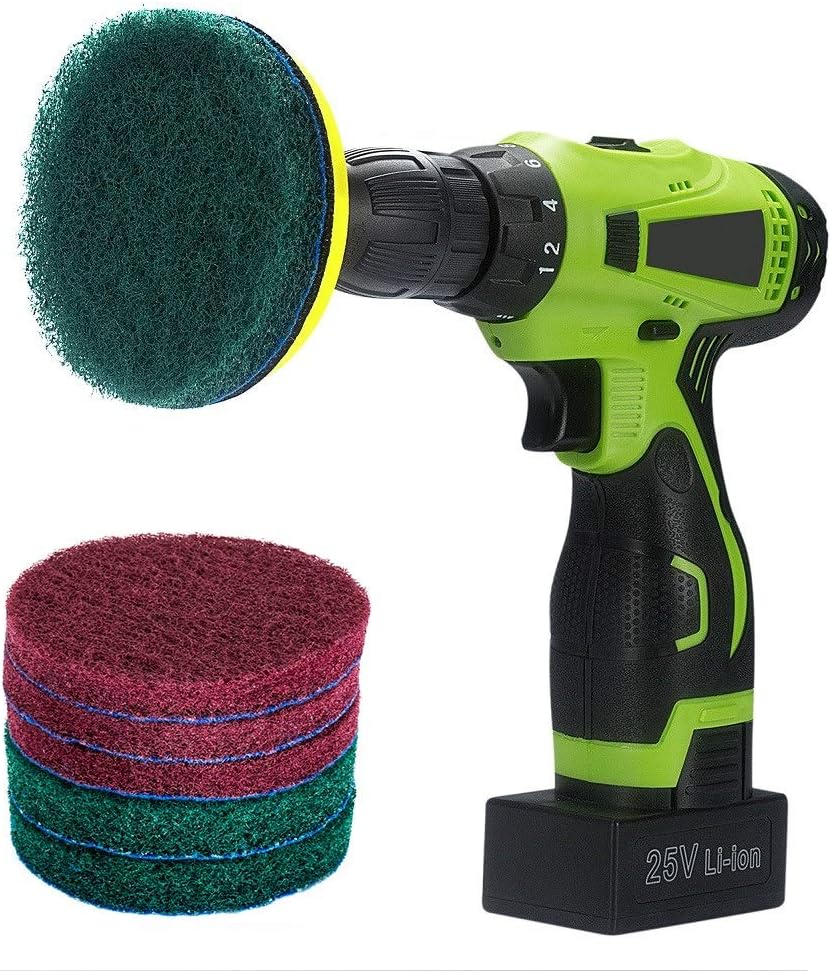 5 Inch Drill Powered Brush Tile Scrubber Scouring Pads | 2 Different Stiffness, 5" Pad Holder with 6 Scrubbing Pads, Cleans Large Flat Areas Perfectly (Drill NOT Included)