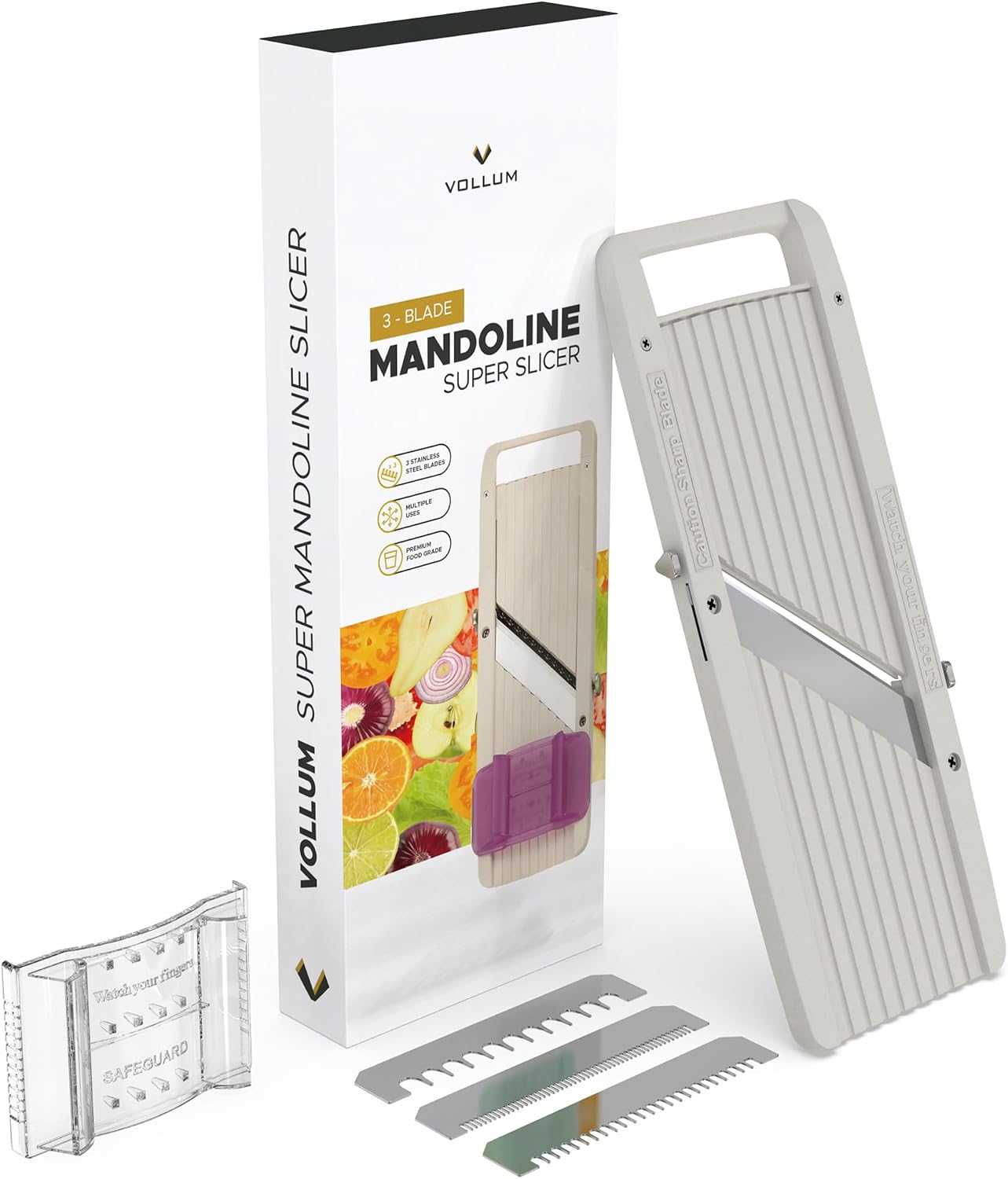 Vollum Mandoline Slicer Vegetable Cutter Stainless Steel Blades | Narrow handheld manual food slicer with interchangeable blades for precise, professional-style kitchen prep.