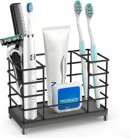 Toothbrush Holder with Quick Drying Mat—Toothbrush and Toothpaste Holders for Bathrooms—5 Slots Openwork Design Black Toothbrush Holder Set,Bathroom Counter Organizer for Electric Toothbrush