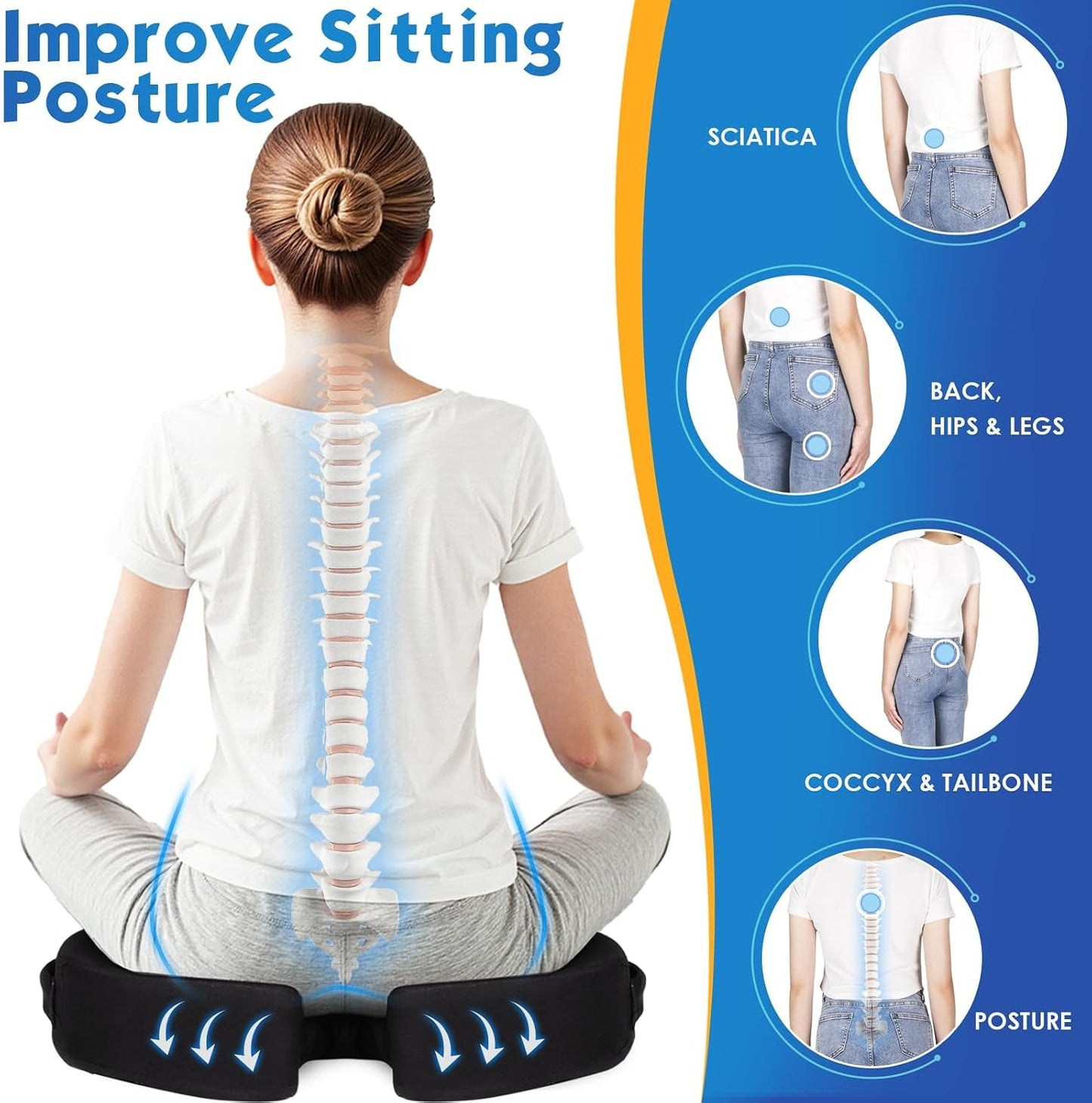 TushGuard Seat Cushion for Office Chair, Car, Memory Foam, Black Large | For Back, Coccyx, Sciatica, Tailbone Pain, Ergonomic Design, Non-Slip, Desk Wheelchair Use, Supportive Butt Pillow, For Man