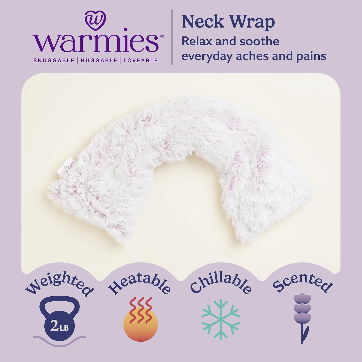 warmies Microwavable Shoulder Heating Pad, Neck Warmer & Heat Pack, Snowy | Steady Pressure, Cooling Relief, Scented with Calming French Lavender, Microwave 30 sec, Freeze 2-3 hrs, Soft Faux Fur