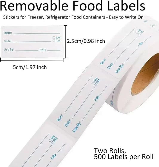 2 Rolls 1000 Labels Removable Food Labels, Waterproof Self-Adhesive Freezer Container Stickers for Kitchen Organization