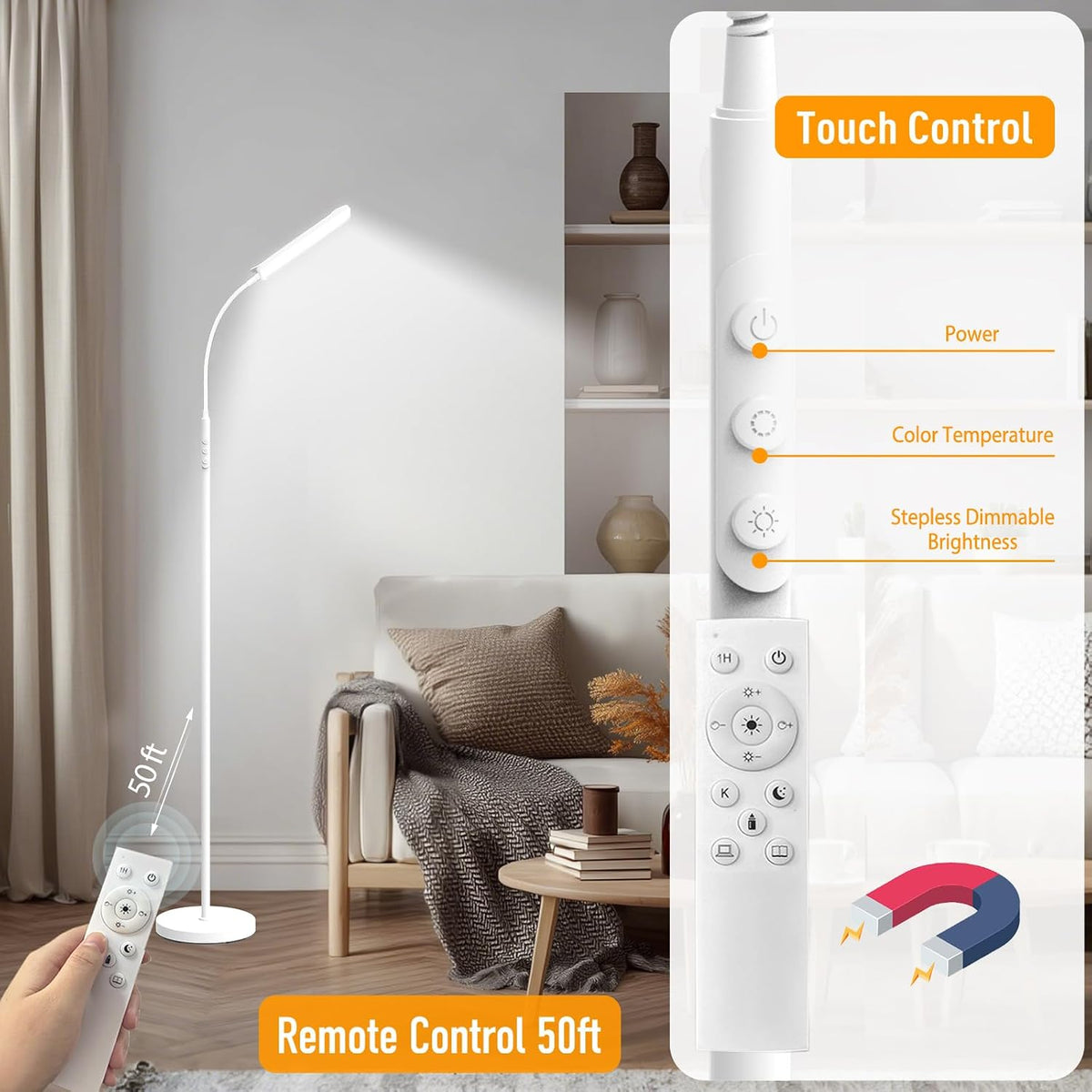 marctronic Floor Lamp, 18W 1800LM Super Bright LED Floor Lamp with Remote & Works with Smart Plug, Dimmable Timing Eye Caring Reading Lamps Floor Standing for Living Room Bedroom Office