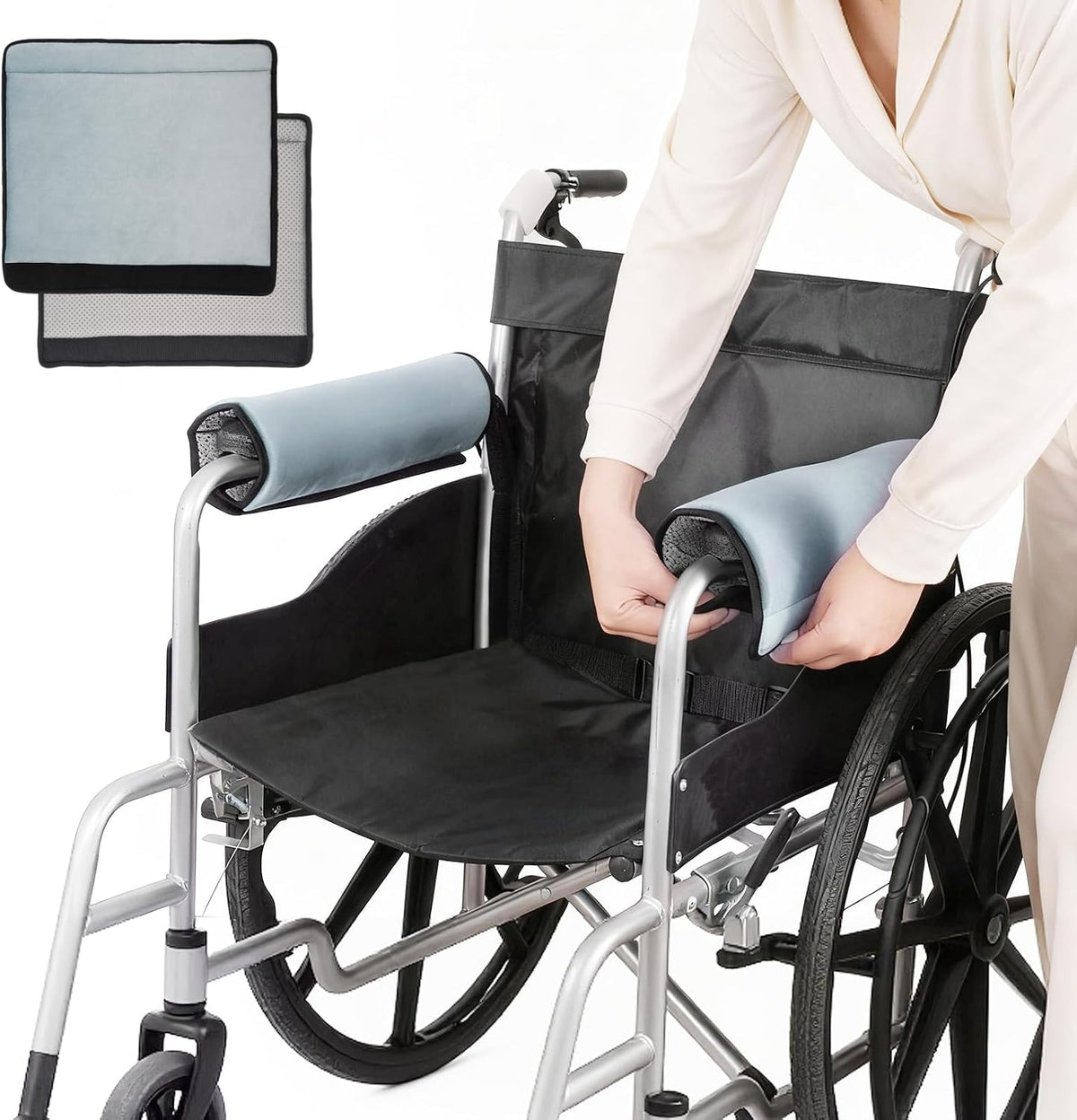 Wheelchair Armrest Covers (Pair)-Memory Foam Wheelchair armrest Pads Wicking Washable Non Slip Arm Rest Cover Cushion Pad for wheelchairs Office Chairs armchairs (Blue-Gray)