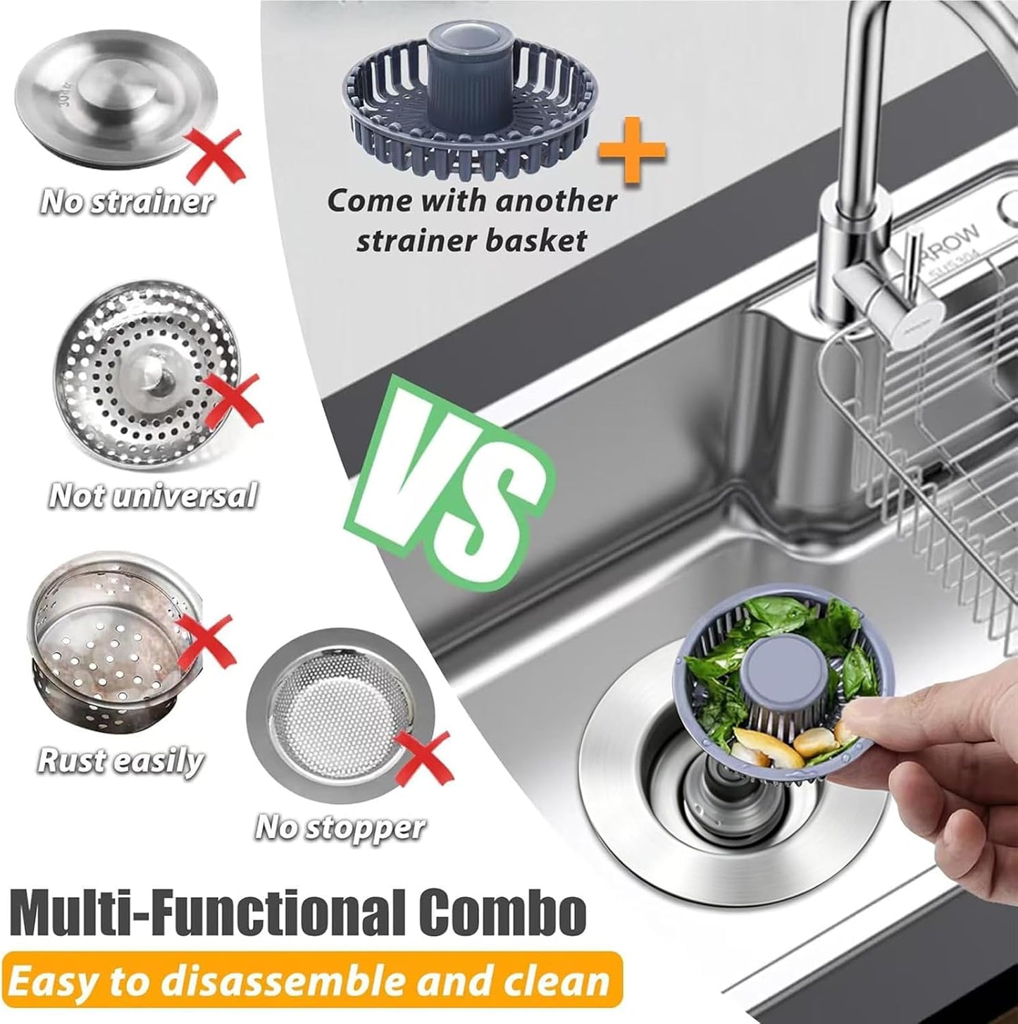Anlige Kitchen Sink Drain Strainer, 3 in 1 Pop Up Kitchen Sink Stopper, with An Extra Basket Strainer, Universal for US Standard 3-1/2 Inch, Chrome Silver