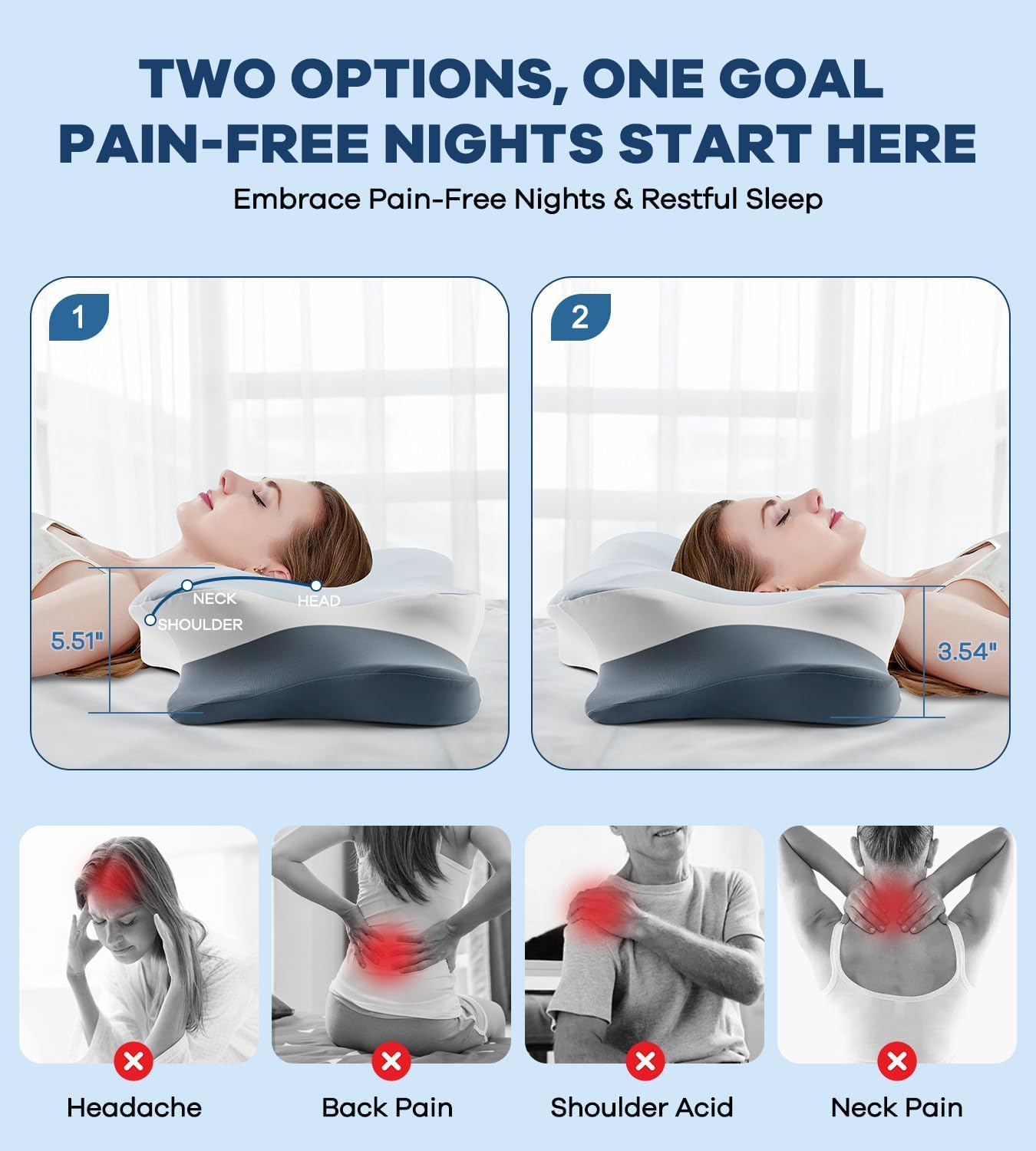 DONAMA Contour Cervical Neck Pillow for Neck Pain Relief | Queen,Ergonomic Dual-Height,Odorless Memory Foam,Side/Back/Stomach Sleepers,Cooling Hypoallergenic Cover,OEKO-TEX Certified