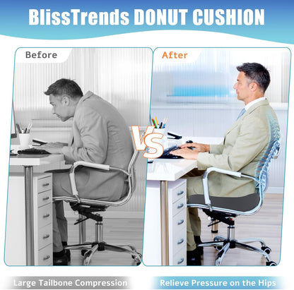 BlissTrends Donut Pillow Seat Cushion, Memory Foam Lifting Cushions(Black) | Donut Chair Cushions for Postpartum Pregnancy & Hemorrhoids,Tailbone Pain Relief Cushion for Office&Home Chairs