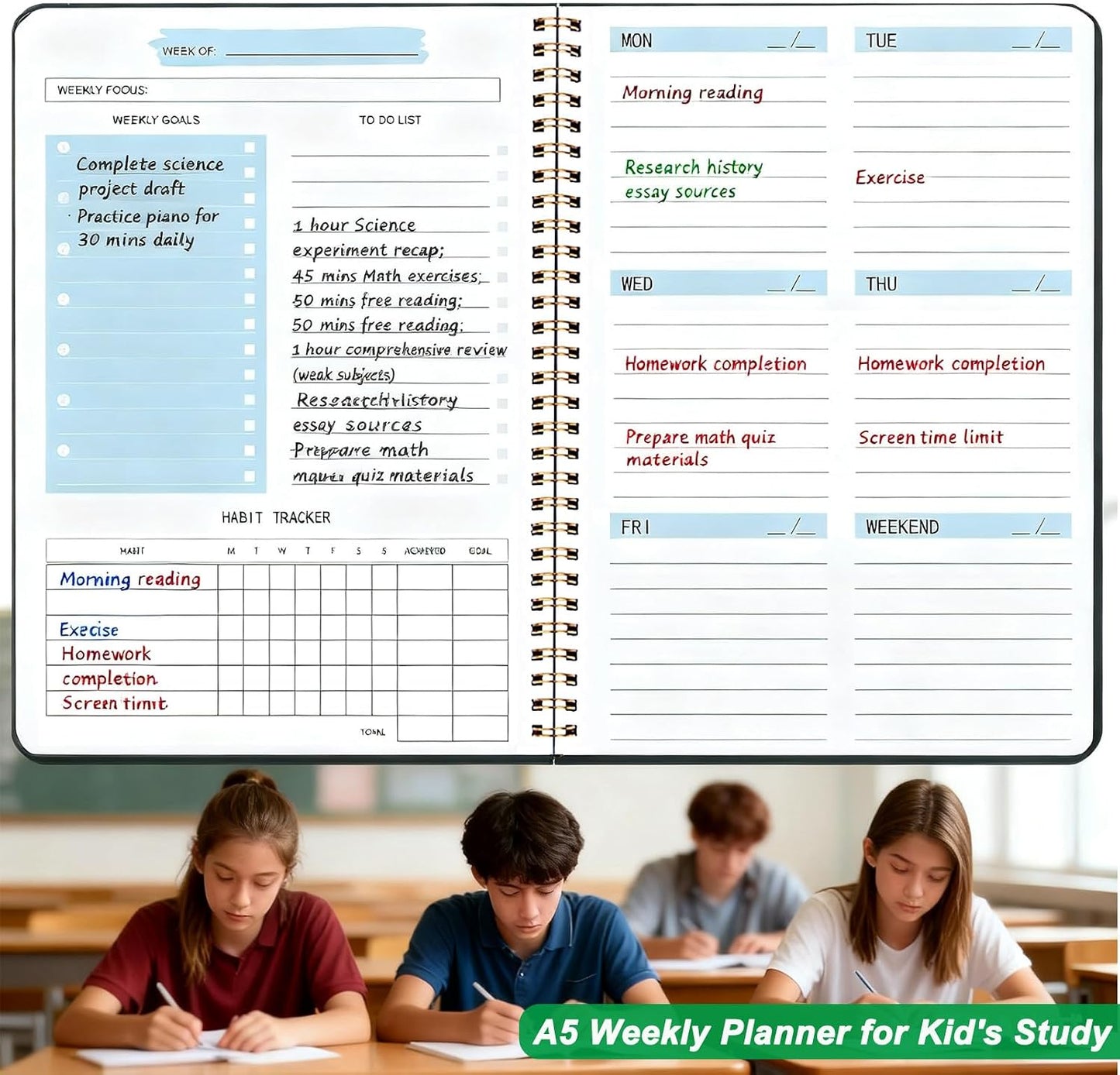 Undated Weekly Planner, A5 Personal Goals Journal Non Dated Weekly Planner to Do List Notebook with Goal Habit Tracker Organizer, Cute Undated Week Planners with Spiral Binding for Kids School Work