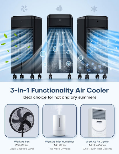 Portable Air Conditioners 4 Modes&3 Speeds,4 Ice Packs, Waterless Alert System, 12H Timer, Remote,1 Gal Detachable Water Tank, 70°Oscillation Windowless Evaporative Air Cooler for Room Office