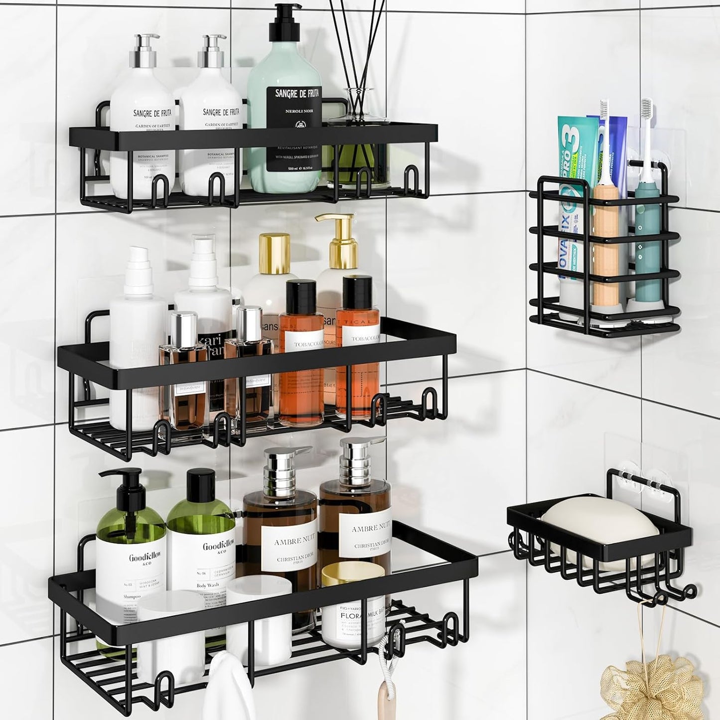 Liuoud 5 Pack Shower Caddy for Inside Shower, Gold Bathroom Storage Decor | Large Rustproof Stainless Steel Organizer with Strong Adhesive, No Drilling Wall Mounted Shelves, Bathroom Accessory Set