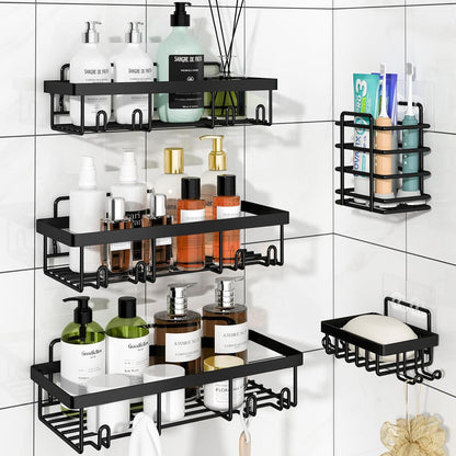 Liuoud 5 Pack Shower Caddy for Inside Shower, Gold Bathroom Storage Decor | Large Rustproof Stainless Steel Organizer with Strong Adhesive, No Drilling Wall Mounted Shelves, Bathroom Accessory Set