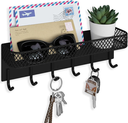 Lwenki Key Holder for Wall – Decorative Stainless Steel Key Hanger with 6 Hooks for Hats, Bags, Leashes – Mail Holder Key Rack with Mounting Hardware and Guide (9.65” x 2.8” x 2.2”) (Black)