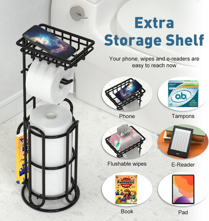 Toilet Paper Holder Stand Tissue Paper Roll Dispenser with Shelf for Bathroom Storage Holds Reserve Mega Rolls-Bronze