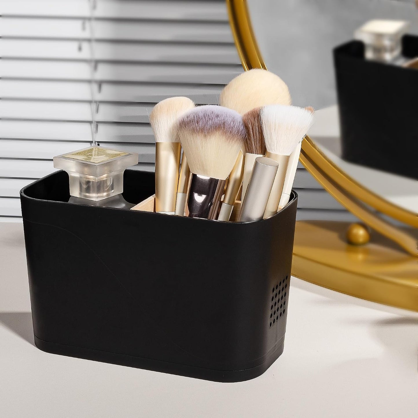 Electric Toothbrush Holder Tooth Brush and Toothpaste Organizer, Black | 3 Slots, Drainage Holes, Removable Bamboo Divider, Ventilation Design, Space-Saving, for Bathroom Countertop, Shower, Vanity