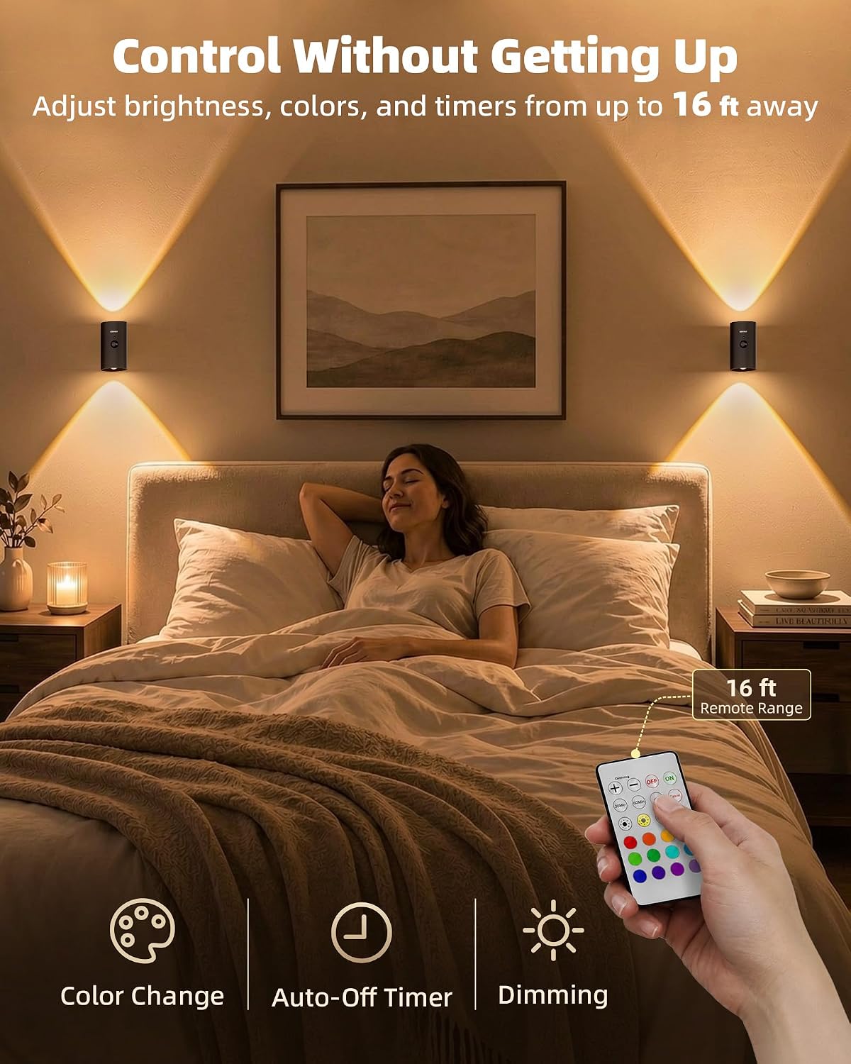 EZVALO Motion Sensor Wall Sconces with Remote, Rechargeable Battery Operated 4000mAh Wall Lights, 3 Color Temperatures & 12 RGB, Wireless LED Lighting for Hallway, Living Room (Brushed Gold, 2 Pack)