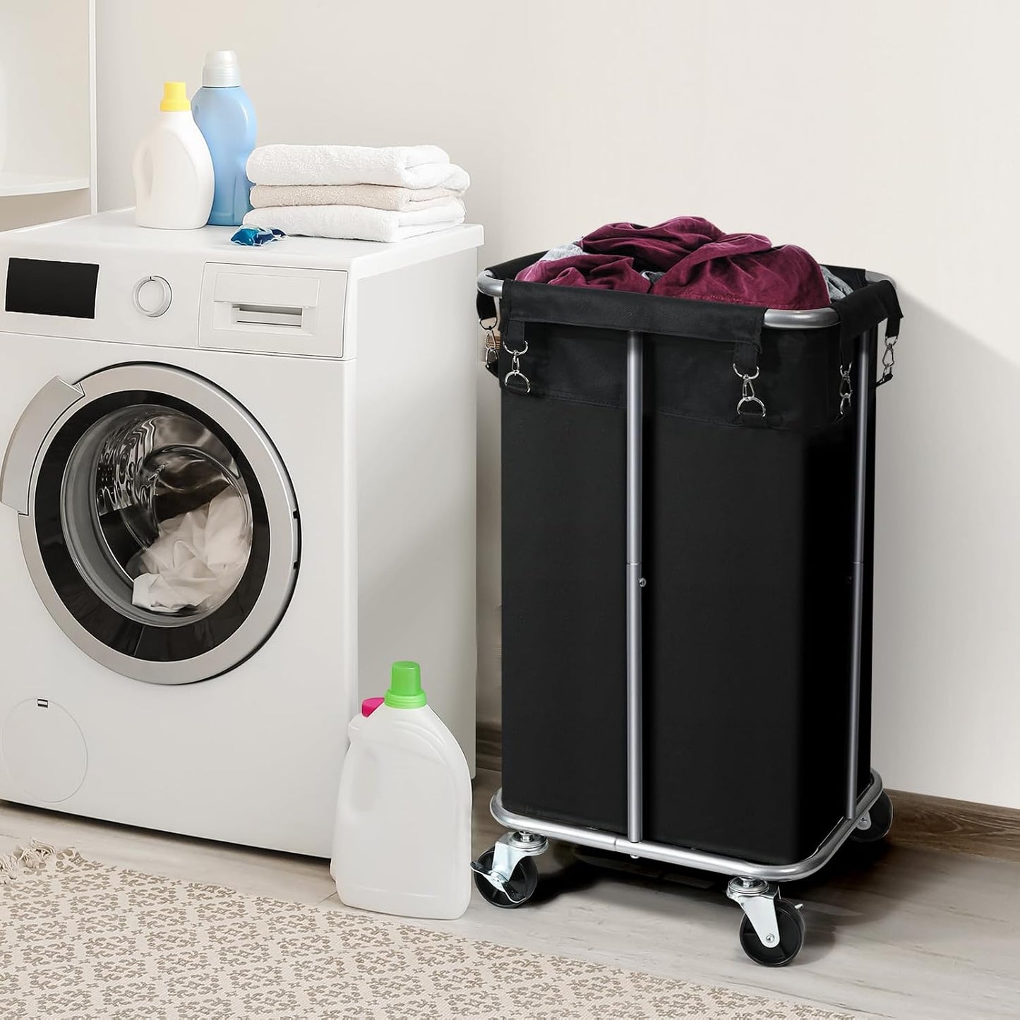 100L Rolling Laundry Hamper Basket with Wheels for Bedroom, Grey | Laundry Sorter Cart with Removable Bag, Tall Narrow Slim Clothes Organizer, Sturdy Metal Frame, Dorm Space Saving