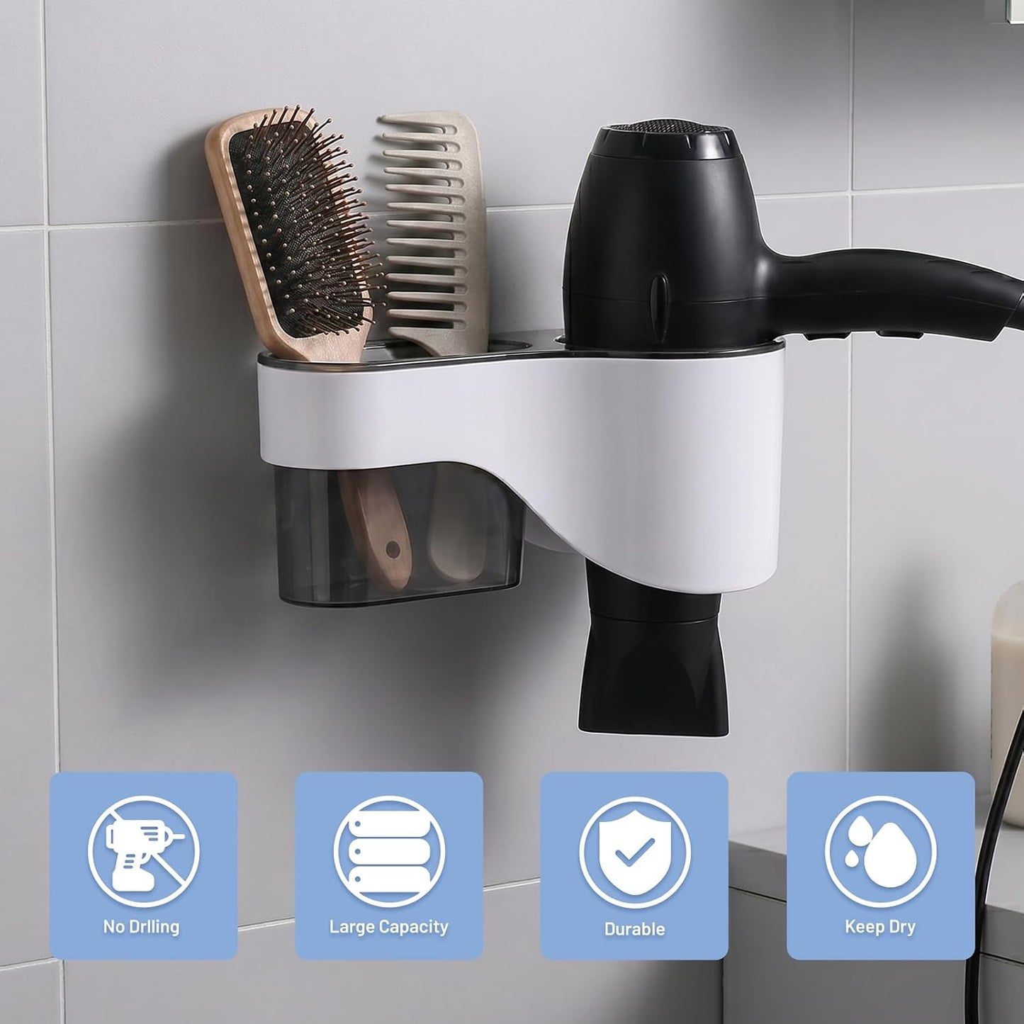 Hair Dryer Holder Wall Mounted, No Drill Hair Dryer Storage | Adhesive multi-compartment organizer: space-saving, durable, easy-clean. Perfect for tidy bathrooms and cabinet doors.