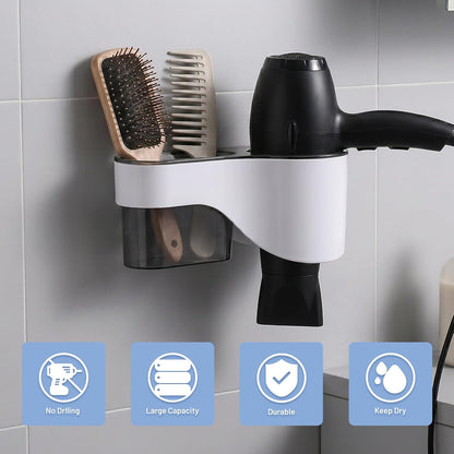 Hair Dryer Holder Wall Mounted, No Drill Hair Dryer Storage | Adhesive multi-compartment organizer: space-saving, durable, easy-clean. Perfect for tidy bathrooms and cabinet doors.
