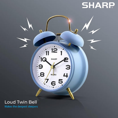 Sharp 4-Inch Twin Bell Alarm Clock for Heavy Sleepers (Matte Navy) | Extra-loud metal bell alarm, quiet quartz movement, press-button backlight, rustic bronze accents, battery operated