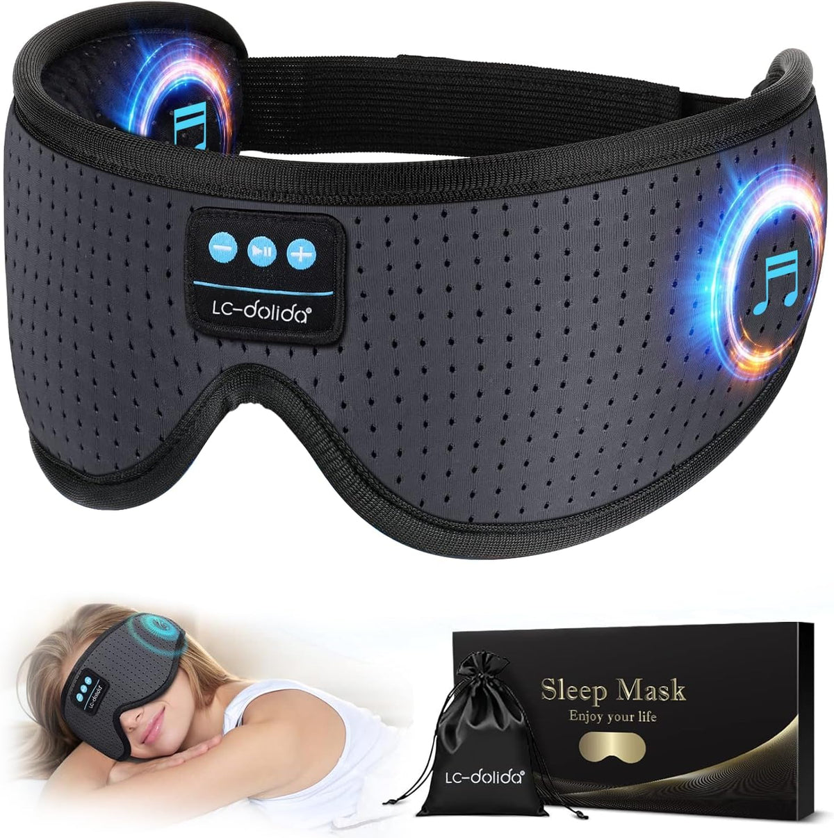 LC-dolida Sleep Headphones, White Noise Bluetooth Sleep Mask 3D Breathable Wireless Eye Mask for Timing, Sleep Mask with Bluetooth Headphones for Side Sleepers Travel Yoga, Cool Gadgets for Women Men
