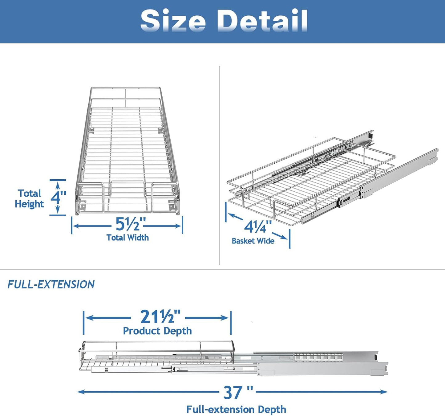 ROOMTEC Pull Out Cabinet Organizer, Pull Out Shelves 5½" W x 21½" D, Heavy Duty Cabinet Drawers Slide Out Kitchen Organizers Storage Shelf