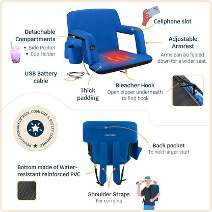 Heated Reclining Stadium Seat for Bleachers – Wide Bleacher Chair with Back Support and Cushion, Armrests, Side Pockets, & Hook – Stadium Seats Chairs for Camping, Kayak, Paddle Board & More