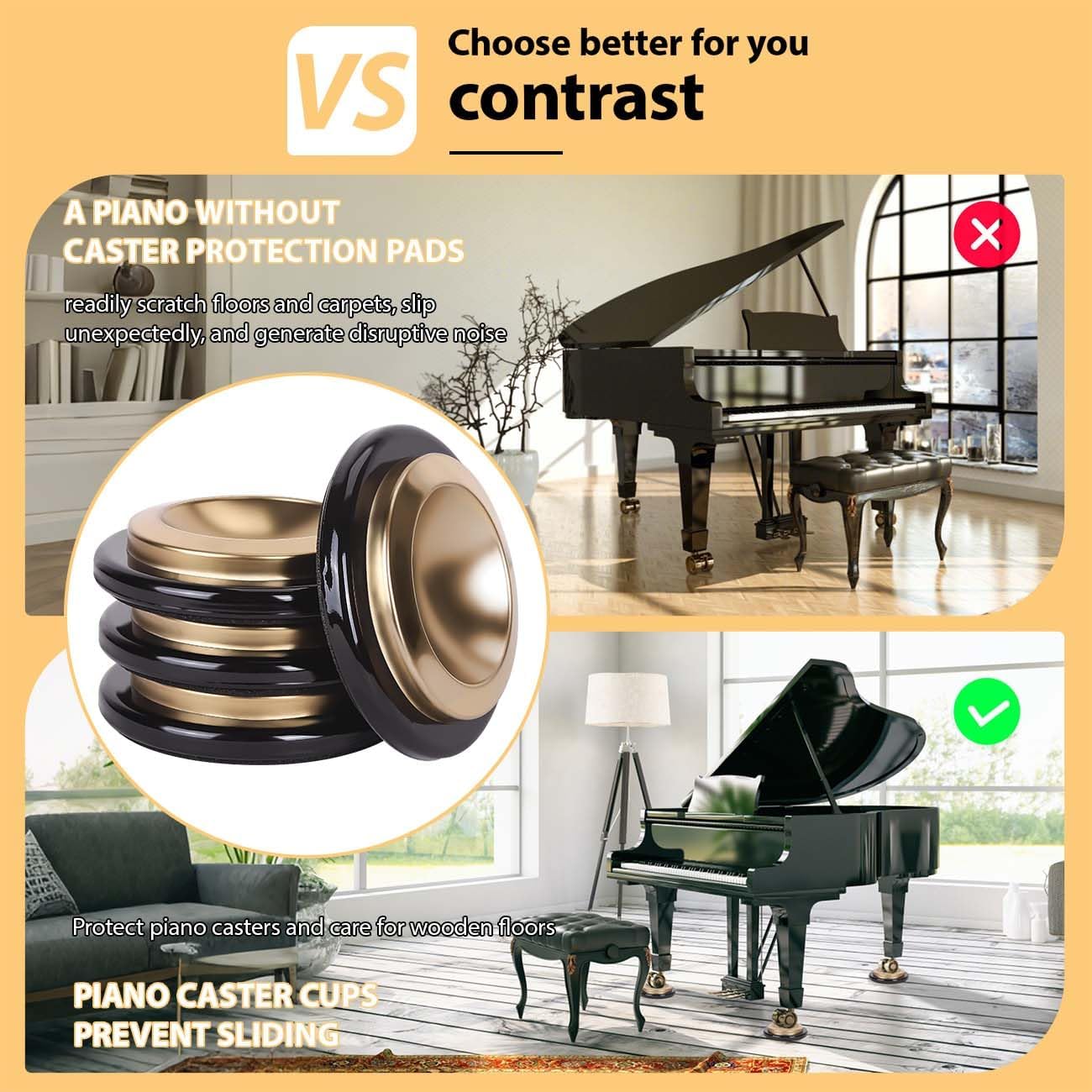 4PCS Metal Piano Caster Cups Rubber Non-Slip Floor Protectors | Heavy duty rubber felt bottom pads for upright & grand piano legs. Non-slip furniture coasters protect hardwood floors