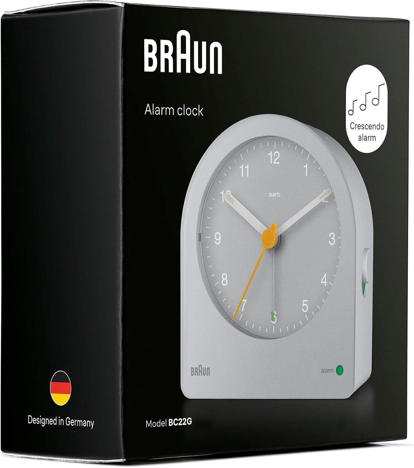 Braun Classic Analogue Alarm Clock with Snooze and Continuous Backlight, Quiet Quartz Movement, Crescendo Beep Alarm in White, Model BC22W.