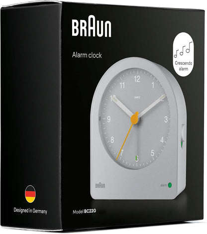 Braun Classic Analogue Alarm Clock with Snooze and Continuous Backlight, Quiet Quartz Movement, Crescendo Beep Alarm in White, Model BC22W.