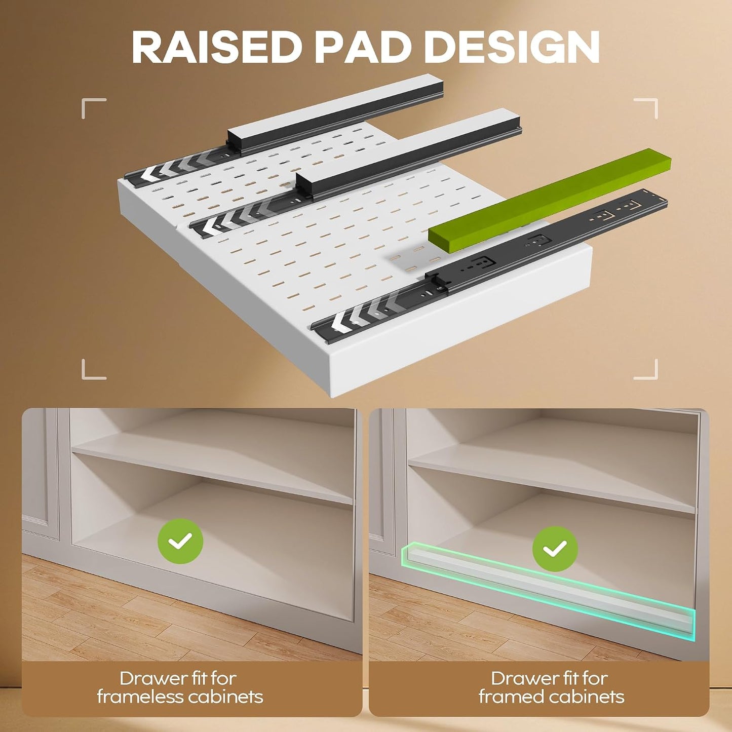 Seinloes 2Pack Pull out Cabinet Organizer 21"Deep with 4 Adjustable Dividers,Expandable（12.1"-20.4"W） Pots and Pans Organizer Under Cabinet with Raising Pad for Framed Cabinets,Slide out Drawers,White