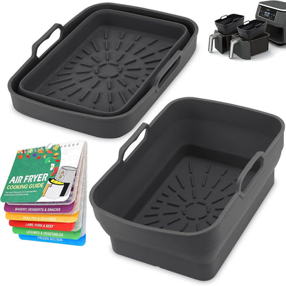 2Pcs Air Fryer Silicone Liners with Magnetic Cheat Sheet, 8-10 QT, Grey | 2 Pack, Reusable, Replacement Basket Bowl, Collapsible Baking Tray, Air Fryer Accessories