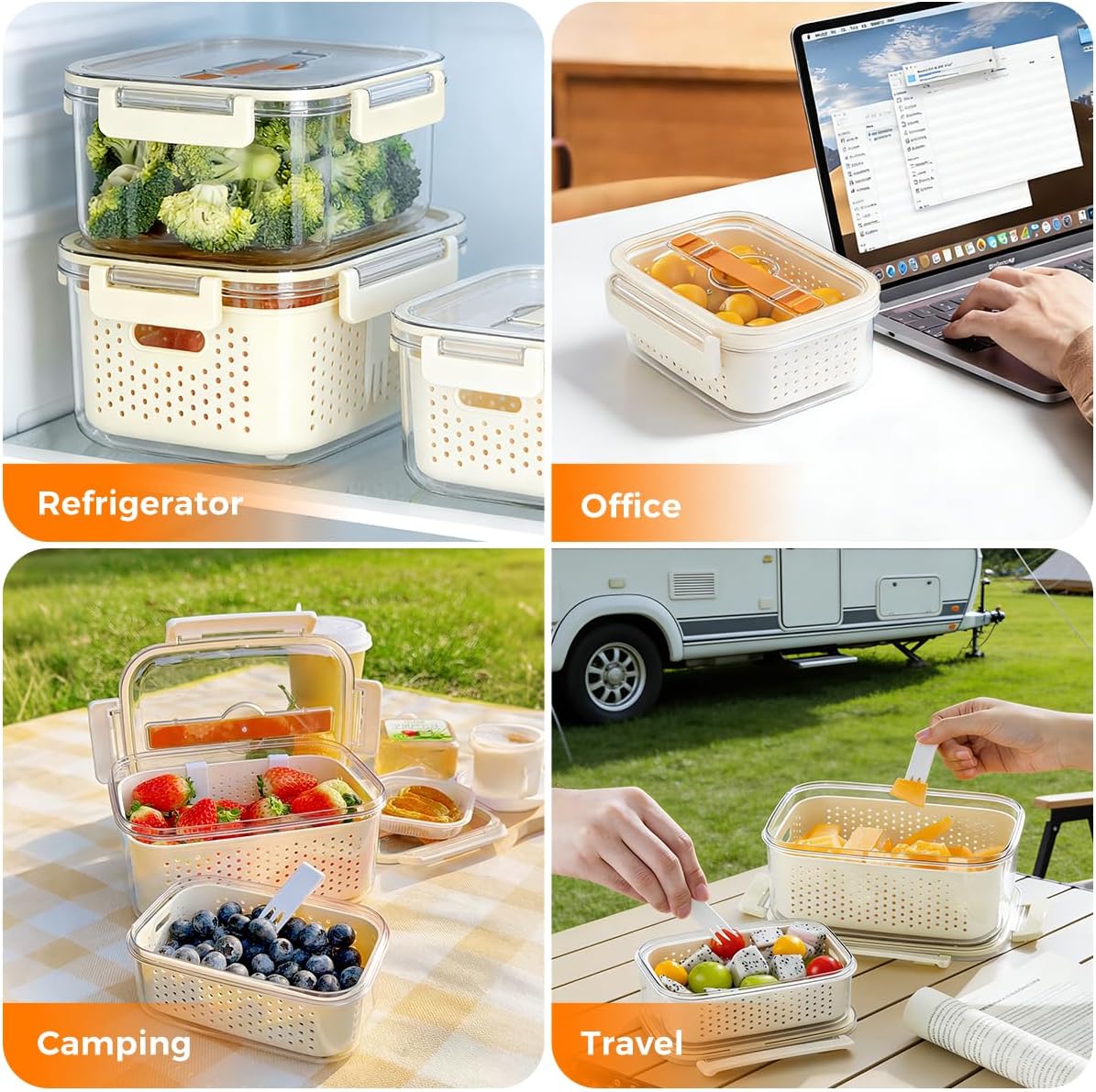 Fruit Storage Containers for Fridge,berry containers with Colander and Built-in Forks,2 packs 57oz & 13oz Airtight Food Containers with Lids, BPA Free Berry Keeper, to go box for lunch, travel, office