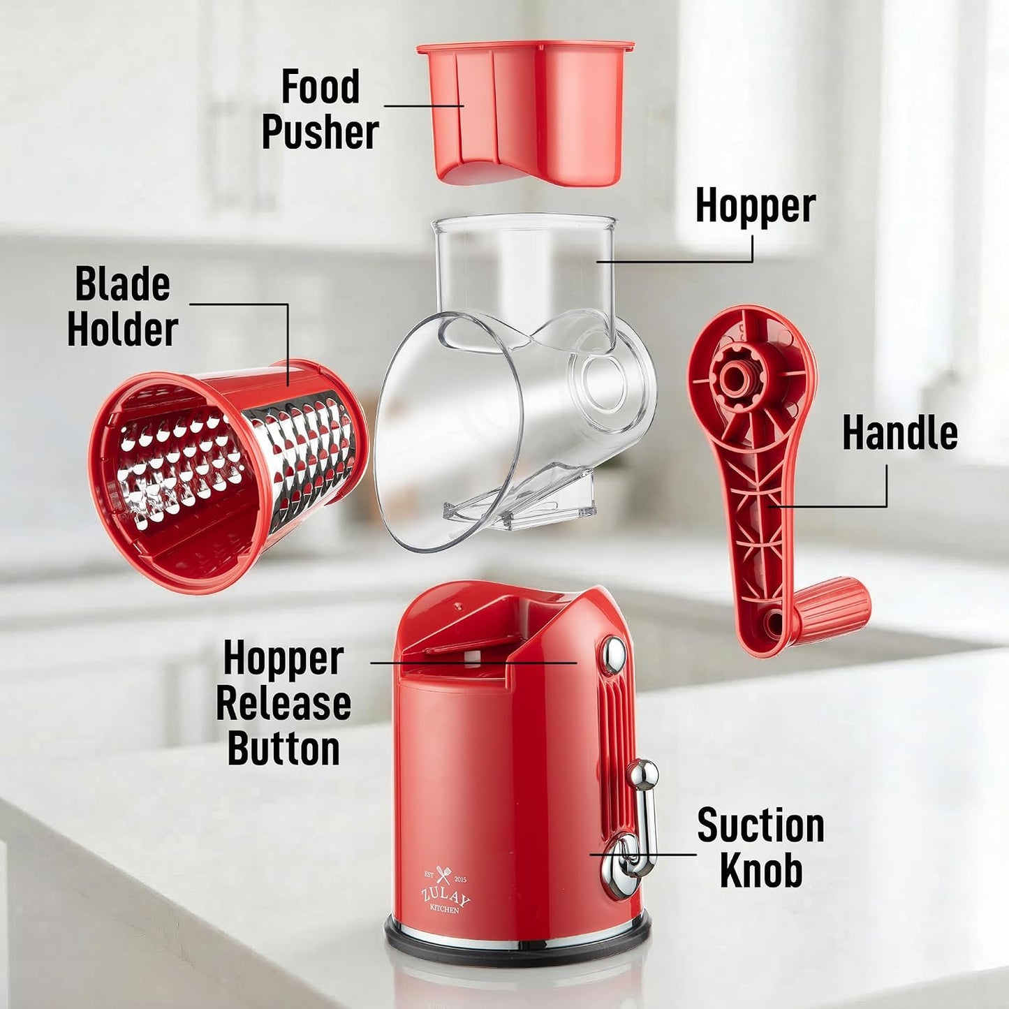 Zulay Kitchen Rotary Cheese Grater 5 Blade Cheese Shredder - Manual Hand Crank Cheese Grater With Reinforced Suction & 5 Interchangeable Drums - Easy to Use, Vegetable Chopper Round Mandoline Slicer - Colors B