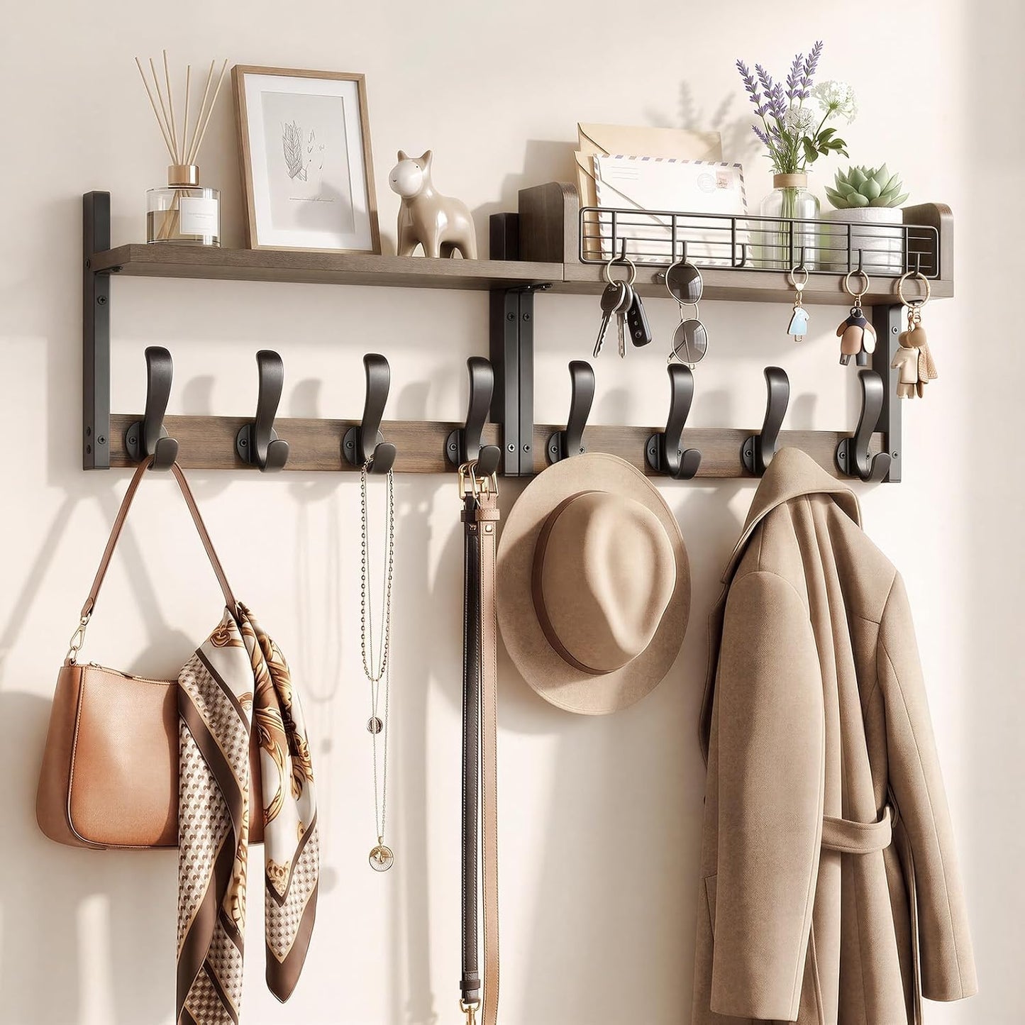 Delamu 29" Large Coat Rack Wall Mount with Shelf, 4 in 1 Shelf with 11 Hooks, Wooden Key and Mail Holder for Wall for Entryway, Living Room and Bedroom, Brown
