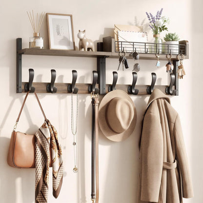 Delamu 29" Large Coat Rack Wall Mount with Shelf, 4 in 1 Shelf with 11 Hooks, Wooden Key and Mail Holder for Wall for Entryway, Living Room and Bedroom, Brown